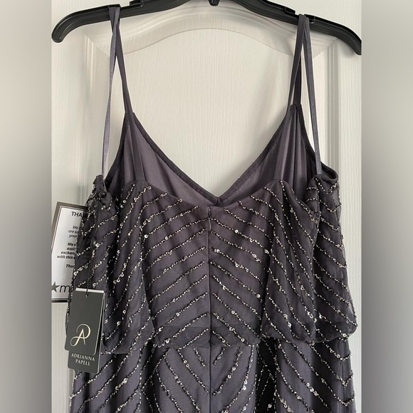 Nwt Adrianna Papell Spaghetti Strap Beaded Blouson Ball Gown in Gunmetal - Picture 11 of 15